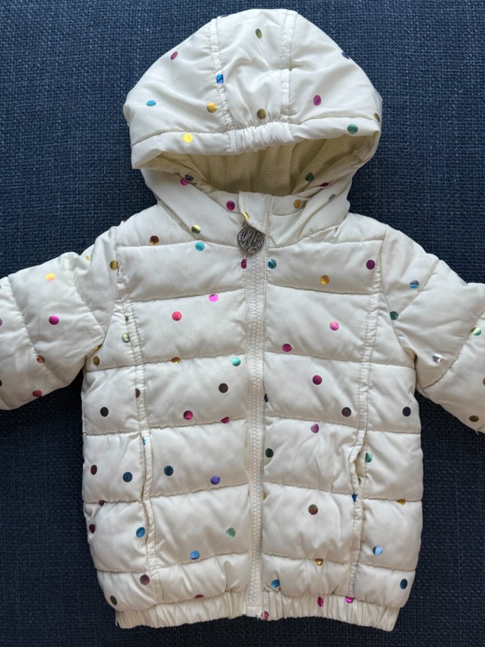 DKNY PUFFER JACKET 18M White Hood Polyester Fill Iridescent Dots